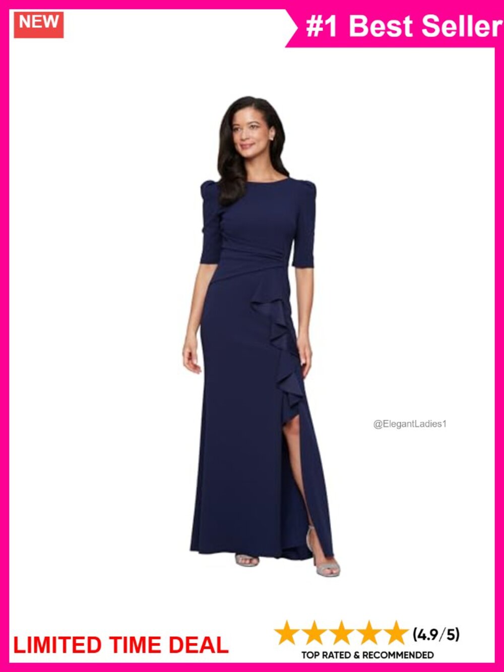Stretch Crepe Formal Gown with Puff Sleeve and Cascade Ruffle